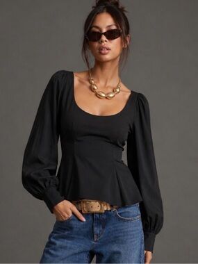 Tuckernuck Pomander Place Black Dianne Scoop Neck Long Sleeve Peplum Top M